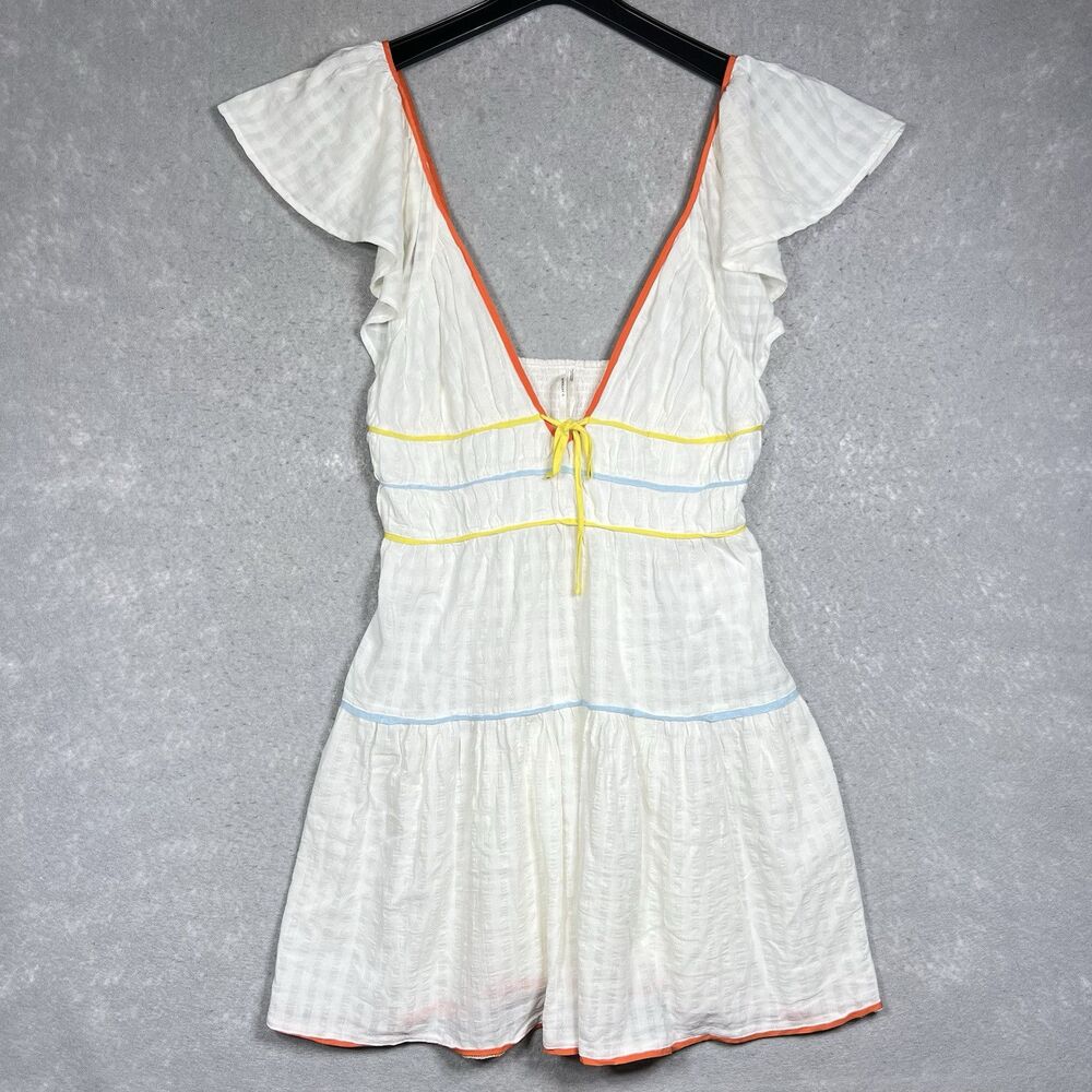 Anthropologie Dress Size Large Ivory Ruffle Sleeve Low Back Textured Mini Dress